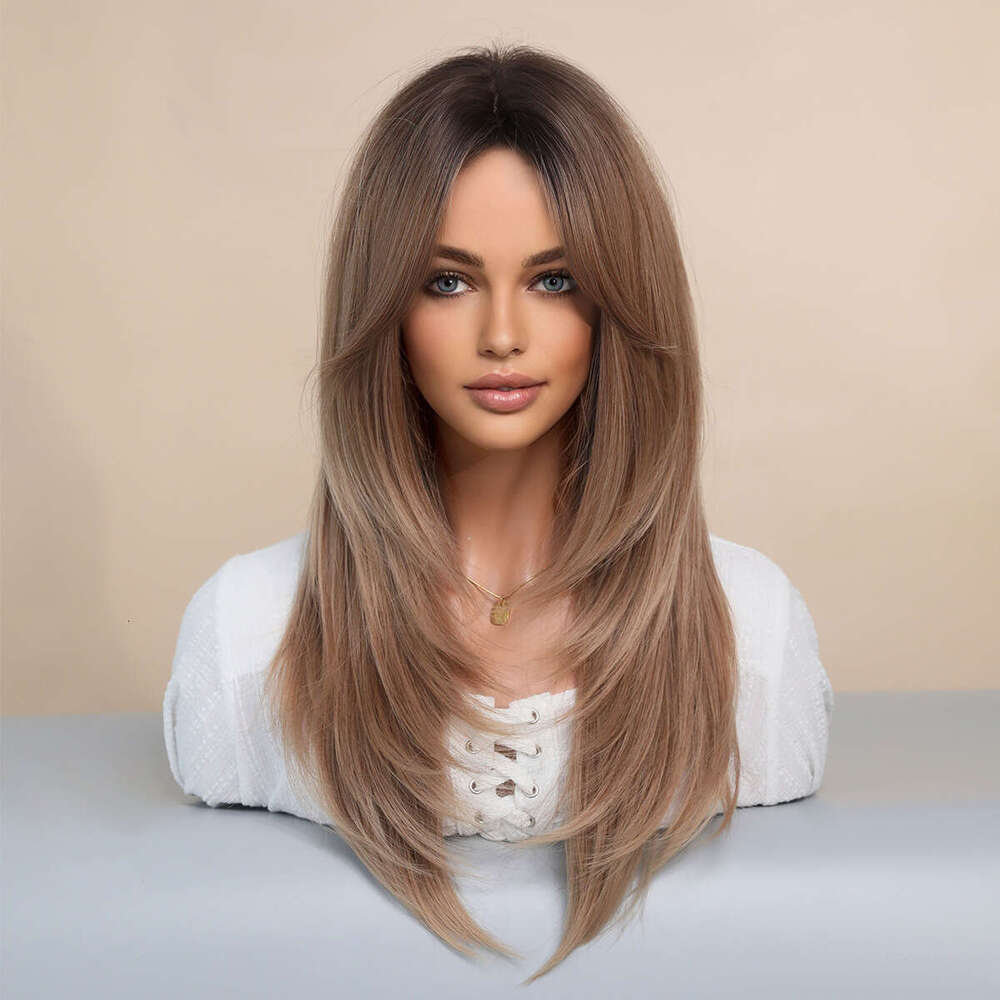 Women's Octagonal bangs wig, gradient long straight hair, full head set, high-quality natural layered wig