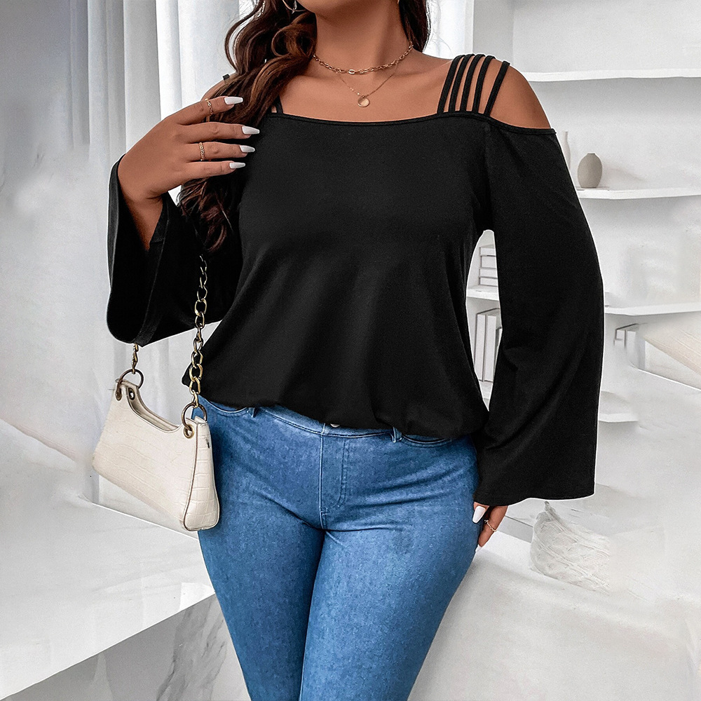 Large Size Womens Solid Color Intellectual Style T-shirt Versatile for Autumn and Winter Loose and Slimming Off Shoulder Camisole Top