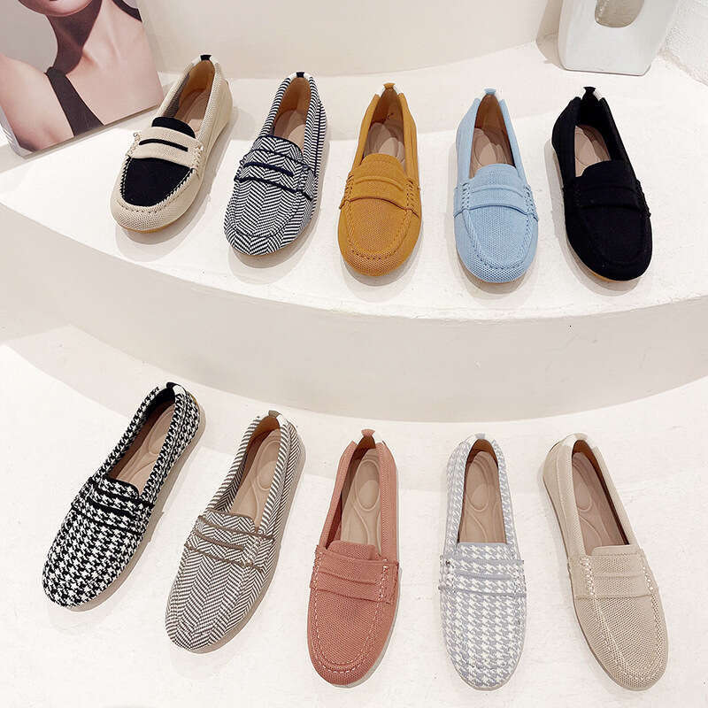 Queen's 2025 new round toe single women, knitted woven leisure and happiness, bean shoes for women