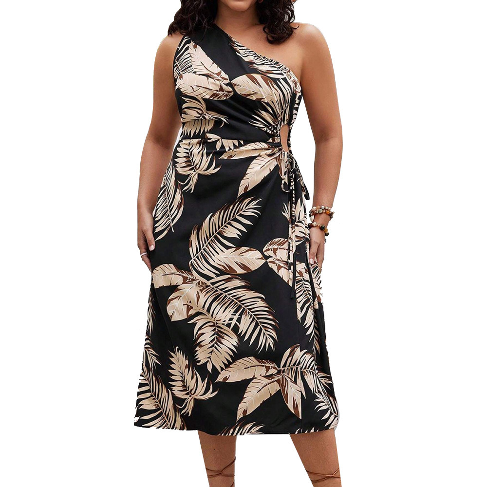 Large Womens Summer Printed Drawstring French Sexy Holiday Dress