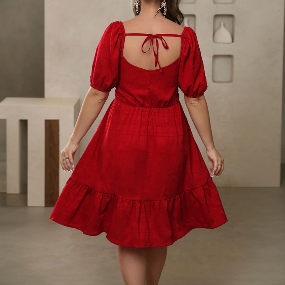 Plus Size Womens Elegant Style Dress Summer New V-neck Commuting Design Mid Length Skirt