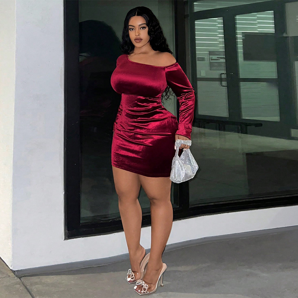 Large Size Womens Autumn and Winter Sexy Off Shoulder French Wrap Skirt Temperament Velvet Dress