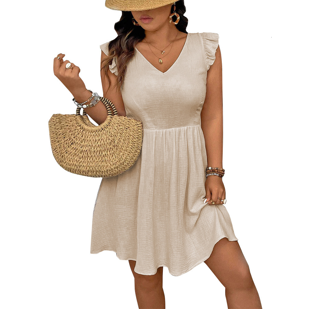 Plus Size Womens Ruffled Backless V-neck Sleeveless Vacation Mini Dress