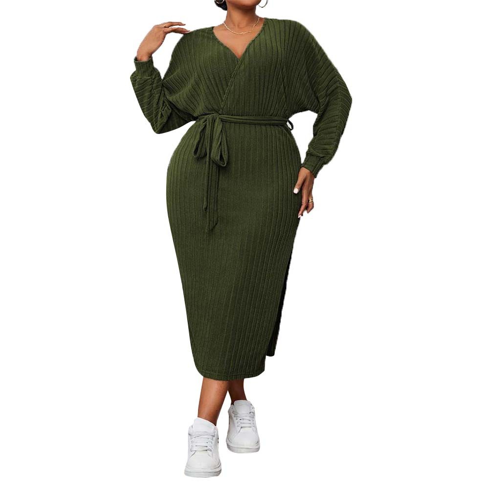 Oversized Womens V-neck Lantern Sleeve Dress with Elegant Autumn and Winter Temperament A-line Mid Length Skirt