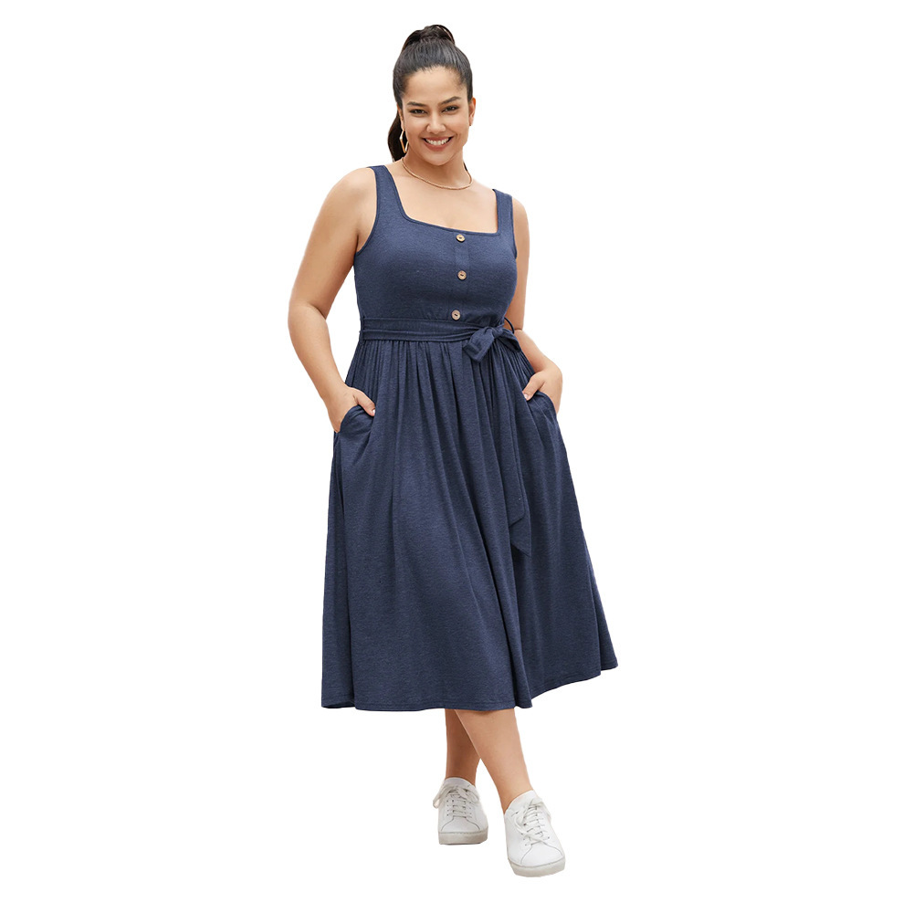 Plus Size Womens Elegant Style Square Neck Sleeveless Dress with Waist Cinching and A-line Long Skirt