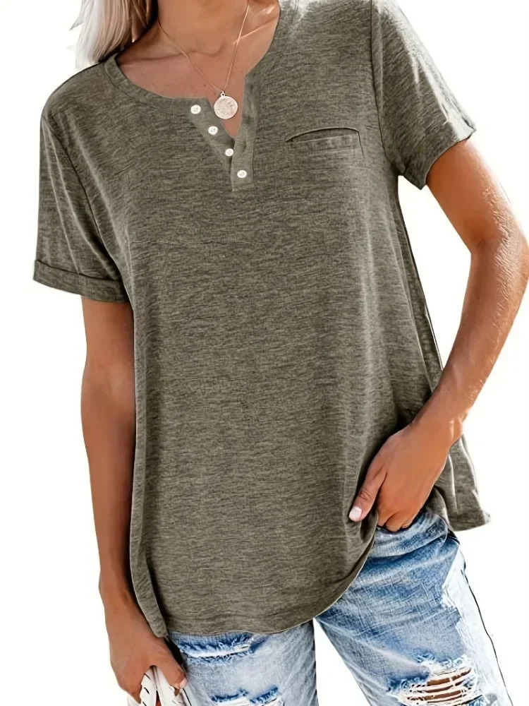 Plus Size 1XL8XL Womens Spring and Summer Style Loose Tops Ladies Casual Vneck Short Sleeve Pocket Tshirt 250514