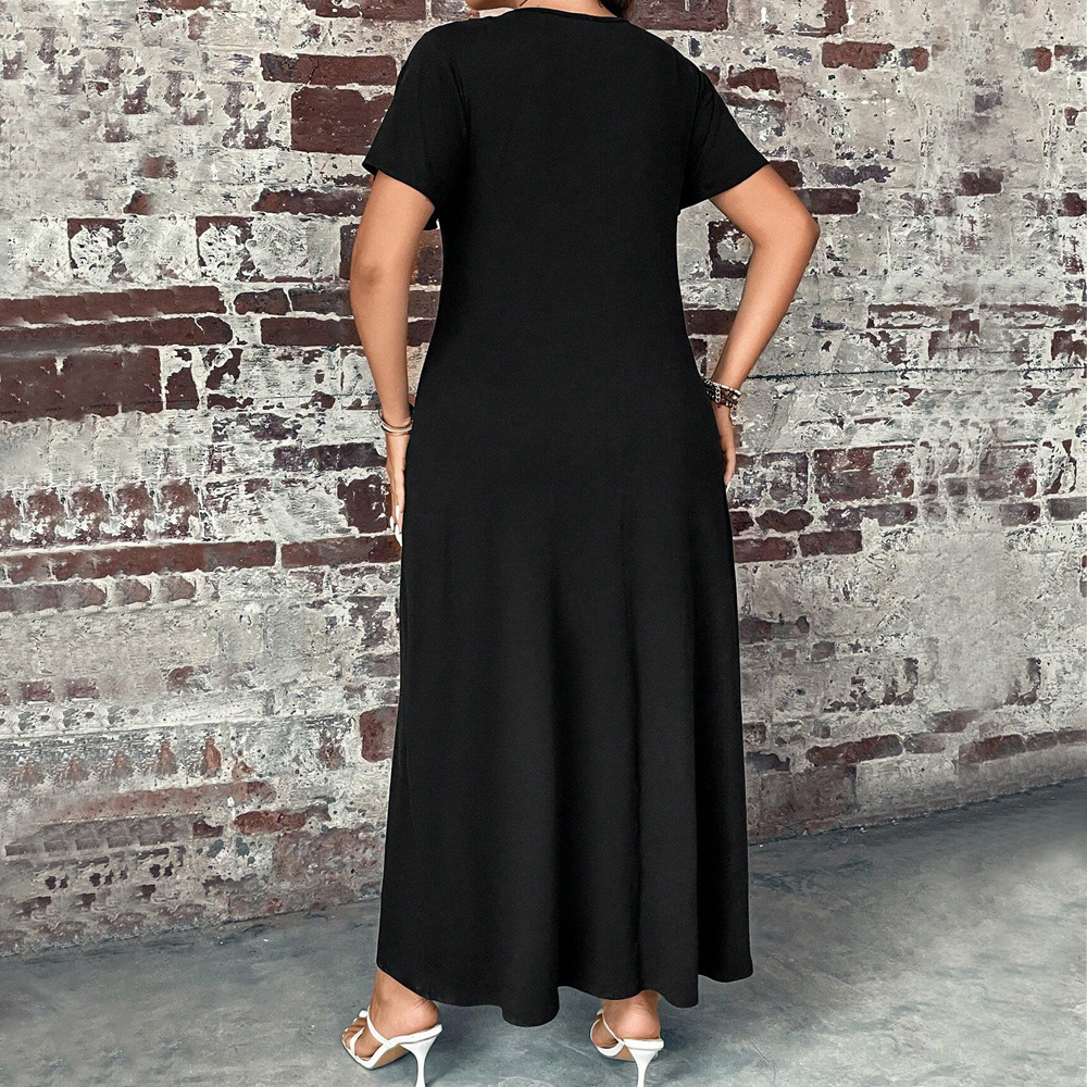 Large Size Womens Round Neck Short Sleeved Loose Dress Daily Casual Simple Style Versatile Long Skirt for Women