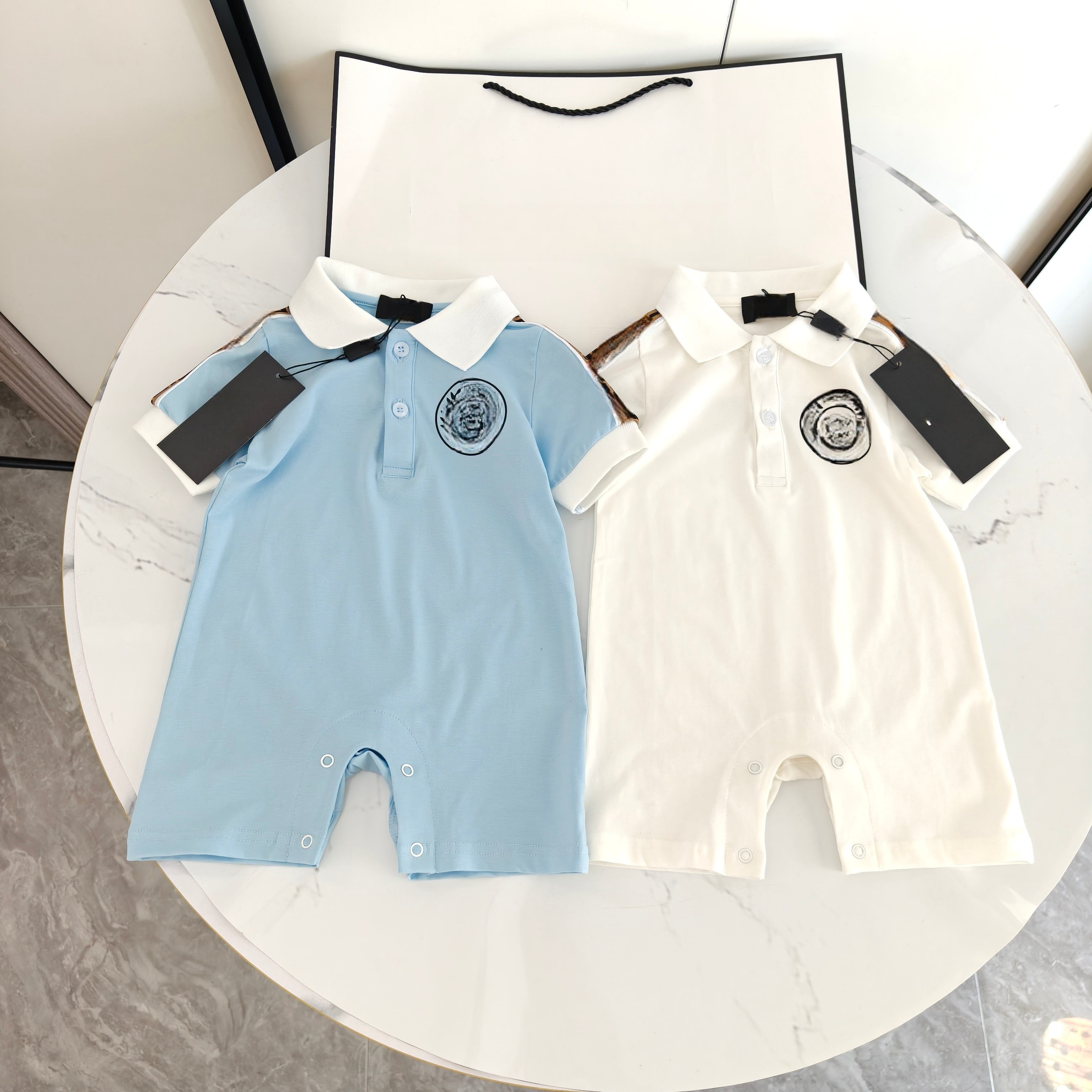 Designer Baby Rompers Summer Kids lapel letter embroidery short Sleeve Jumpsuits Toddler cotton Onesies Newborn plaid soft Romper S3828