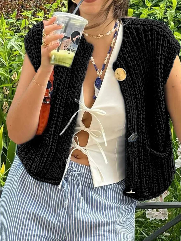 2025 Sweater Vest Solid Sleeveless Top Fashion Knitted Button Clothing Women Chic Clothes Casual Tank Tops 250506