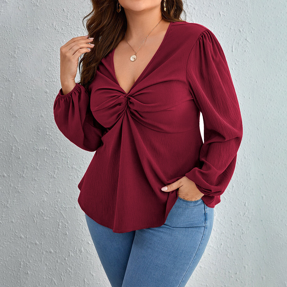 Plus Size Womens Clothing Queen Lady Style V-neck T-shirt Autumn and Winter Fashion Anti-aging Wine Red Top