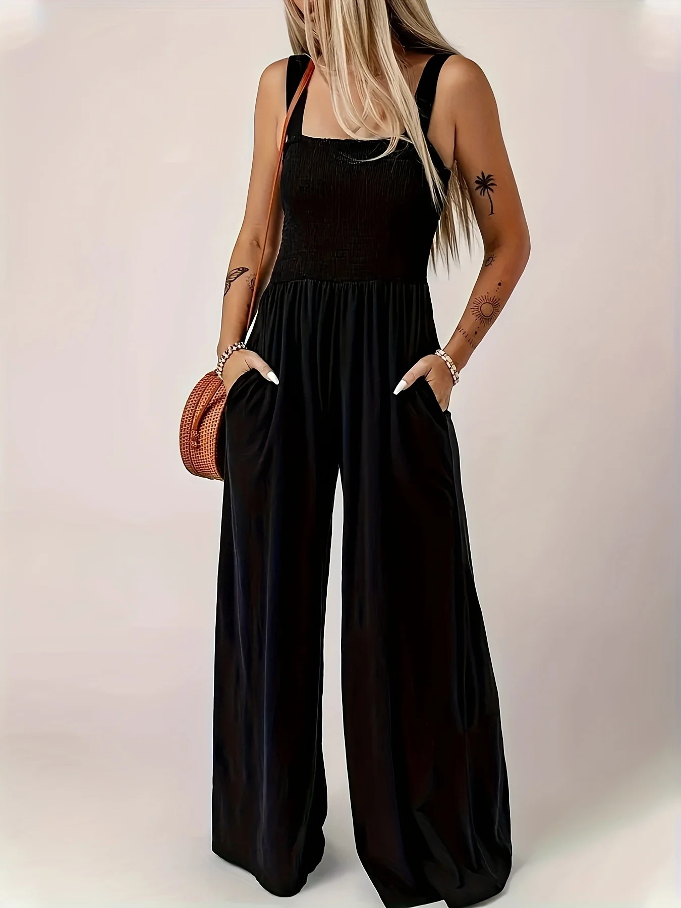 plus size Solid color wide leg pants with minimalist commuting style high waisted suspender jumpsuit for women 250515