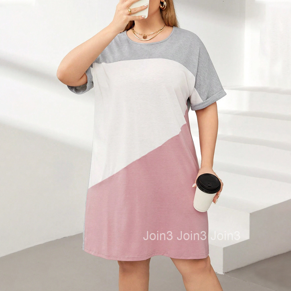 Plus Size Womens Short Sleeved Round Neck Patchwork Contrasting Loose Solid Color Casual Dress