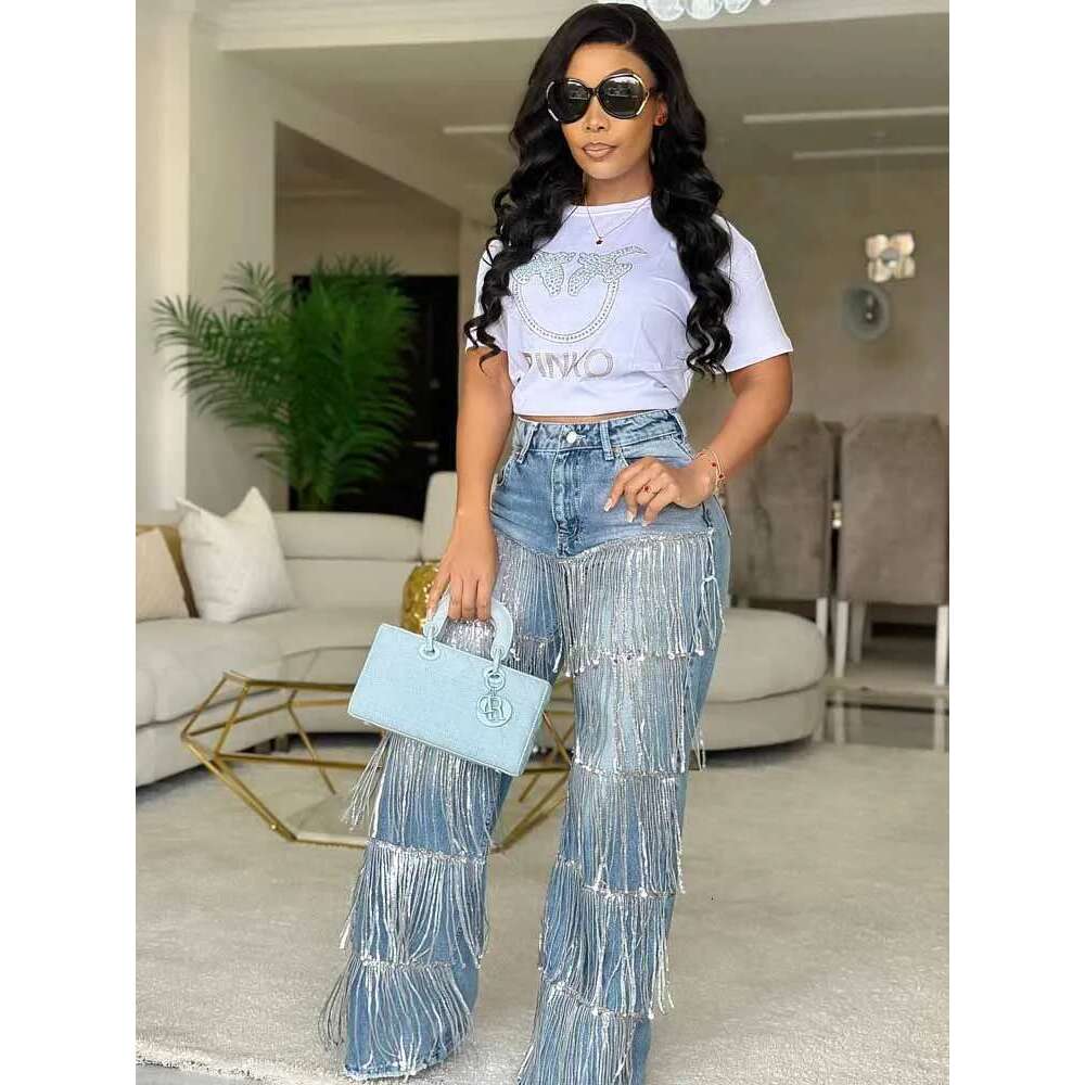 Fashion Sequined Tassel Women's New High Waist Straight Denim Pants Streetwear Hip Hop Blue Shiny Jeans Trousers