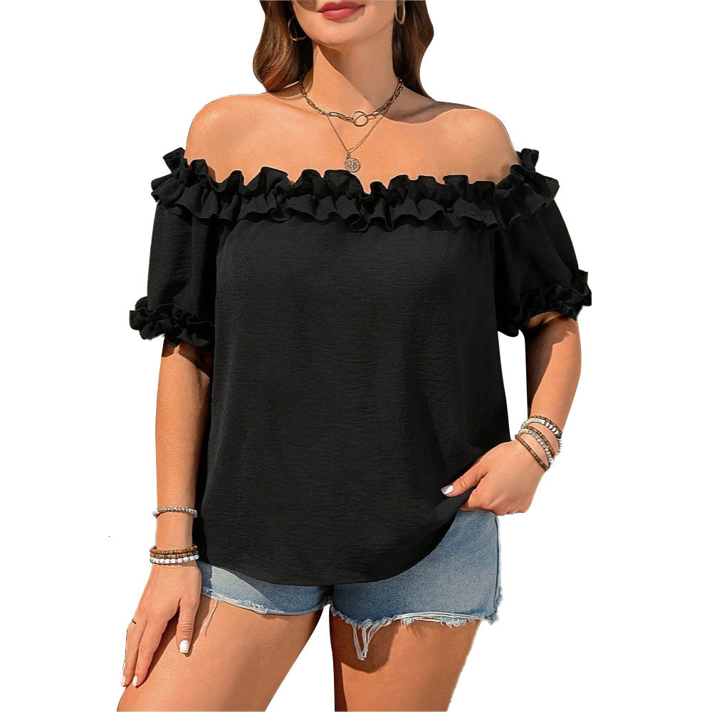 Plus Size Womens Summer New Sexy One Neck T-shirt with Strapless Black Fungus Edge Off the Shoulder Top
