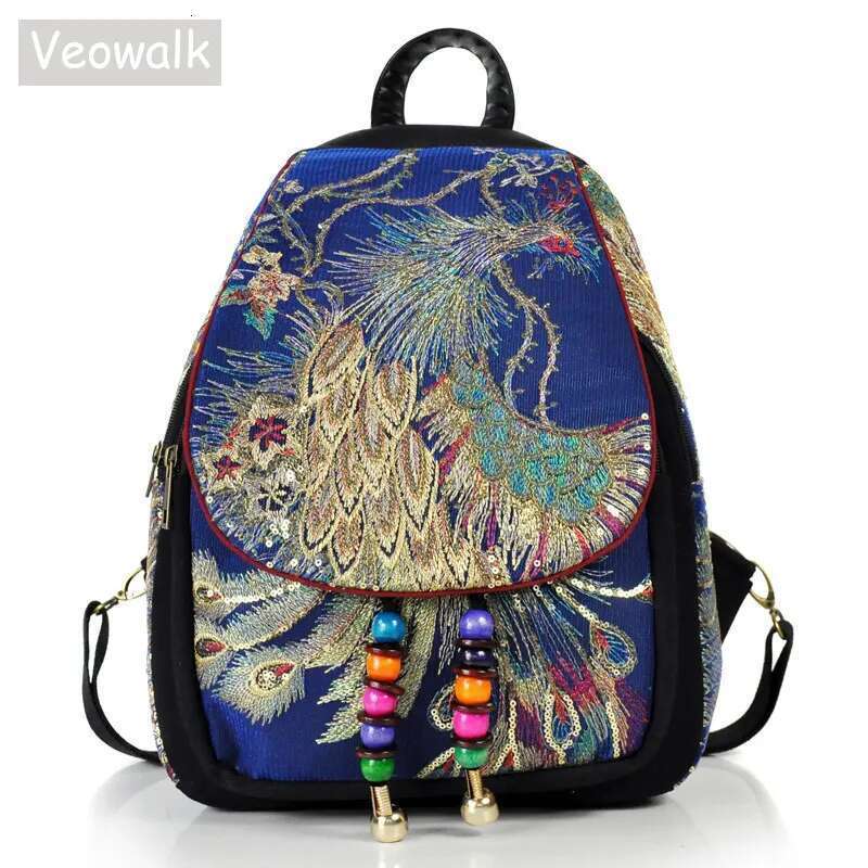Veowalk Pea Sequins Embroidered Women's Canvas Backpacks, Ladies Floral Rucksacks Woman Small School Back Bag Bagpack