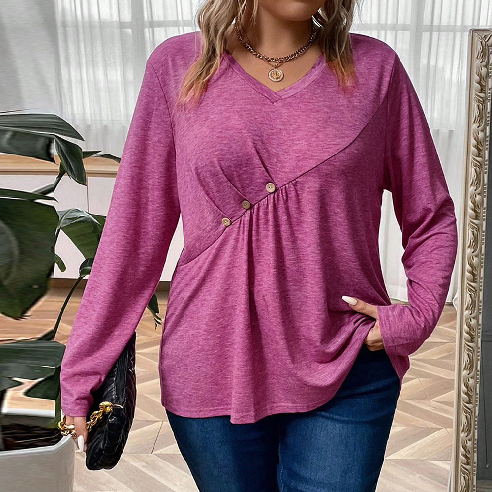 Large Size Womens French V-neck Long Sleeved T-shirt with a Cinched Waist and Short Base Pleated and Slim Fit Top