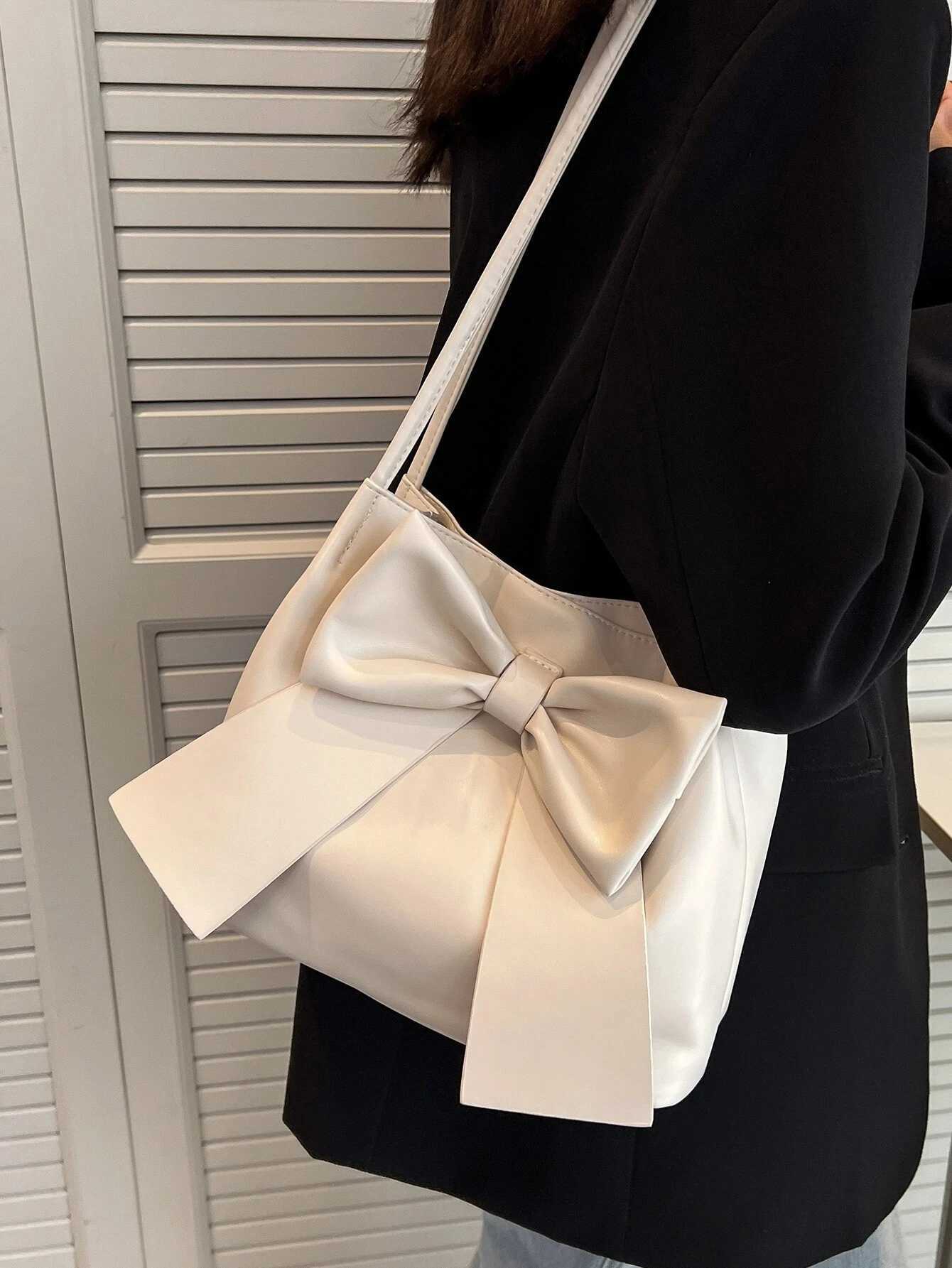 Fashionable Large Capacity Bow Knot Shoulder Bag Cute Kawaii Bow Decor Water Bucket Bag Lightweight Casual Handbag M250520
