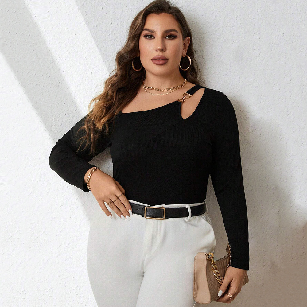 Large Size Womens Clothing Autumn and Winter New Item Slim Fit Temperament Sexy Hollow Out Long Sleeved T-shirt Simple Top