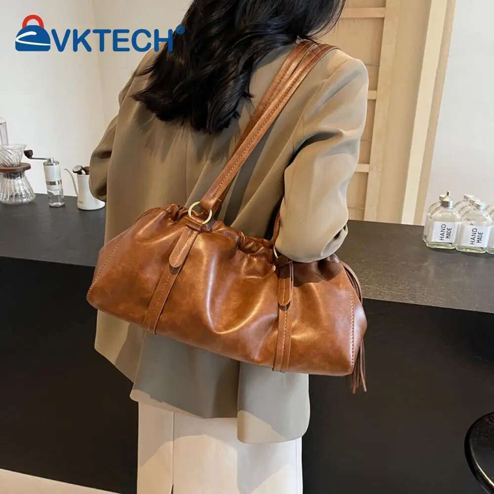 Womens Retro Vintage Tote Large Capacity PU Leather Fashion Drawstring Handbags Buckle Closure Armpit Bag For Outdoor Travel