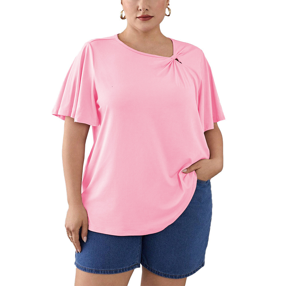 Large Size Minimalist Round Neck T-shirt for Summer Loose and Versatile Solid Color Pullover Short Sleeved Top