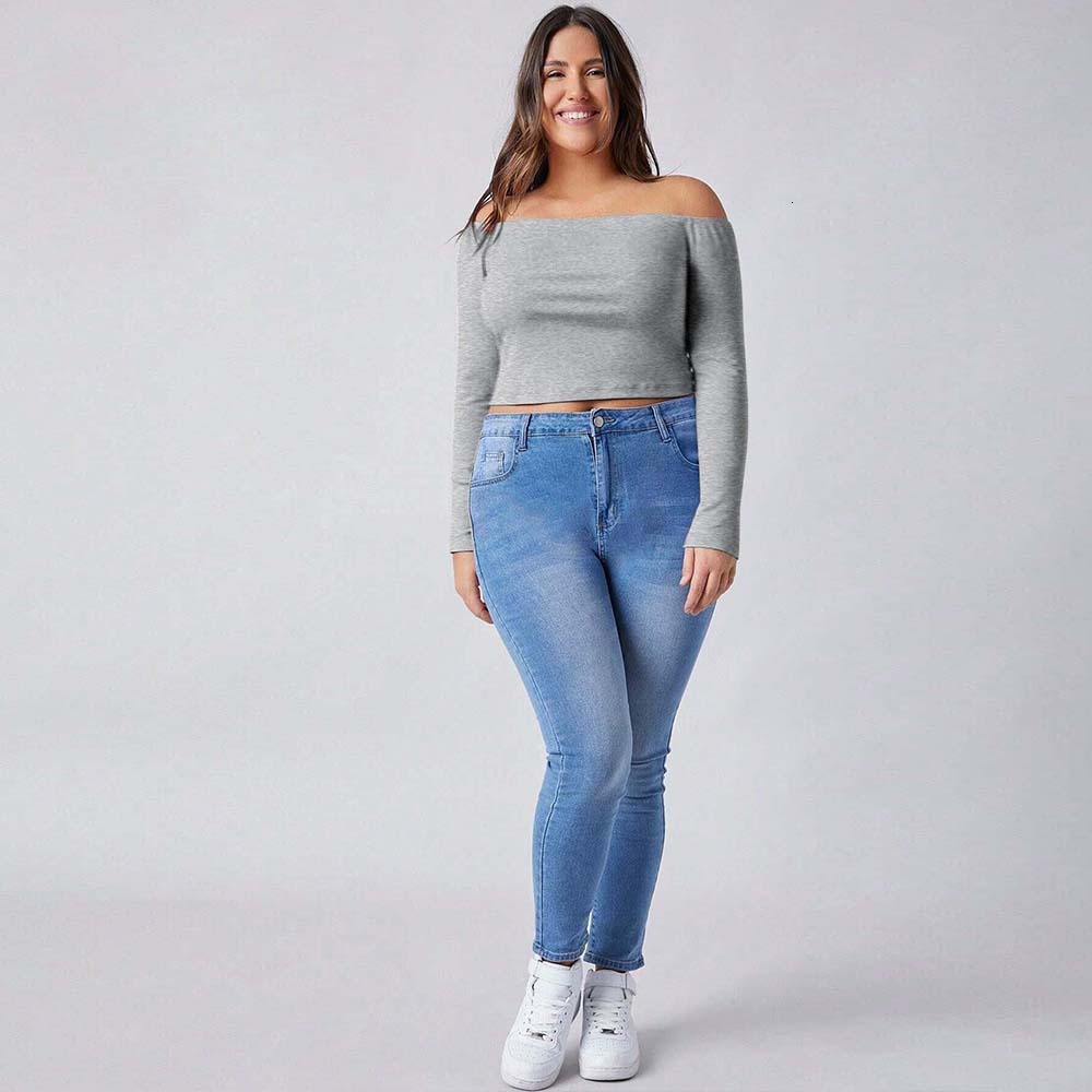 Plus Size Womens Simple Style One Neck T-shirt for Autumn and Winter Slim Fit Inner Layer Long Sleeved Top