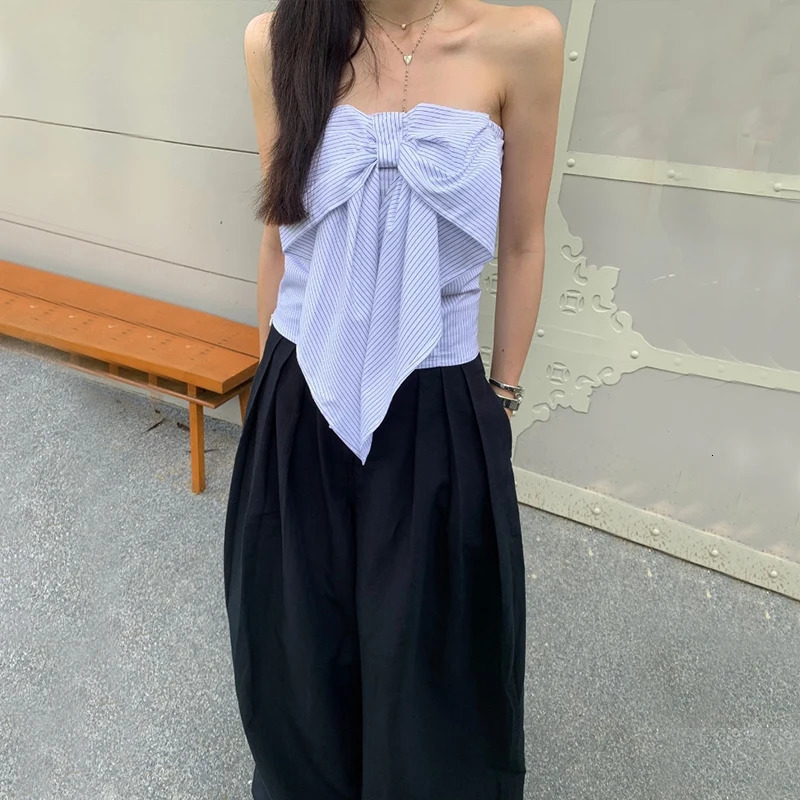 WhereMery Korean Casual Off Shoulder Print Crop Tops Fashion Bow Sleeveless Tank Top Summer 2025 Preppy Streetwear Womens Vests 250506