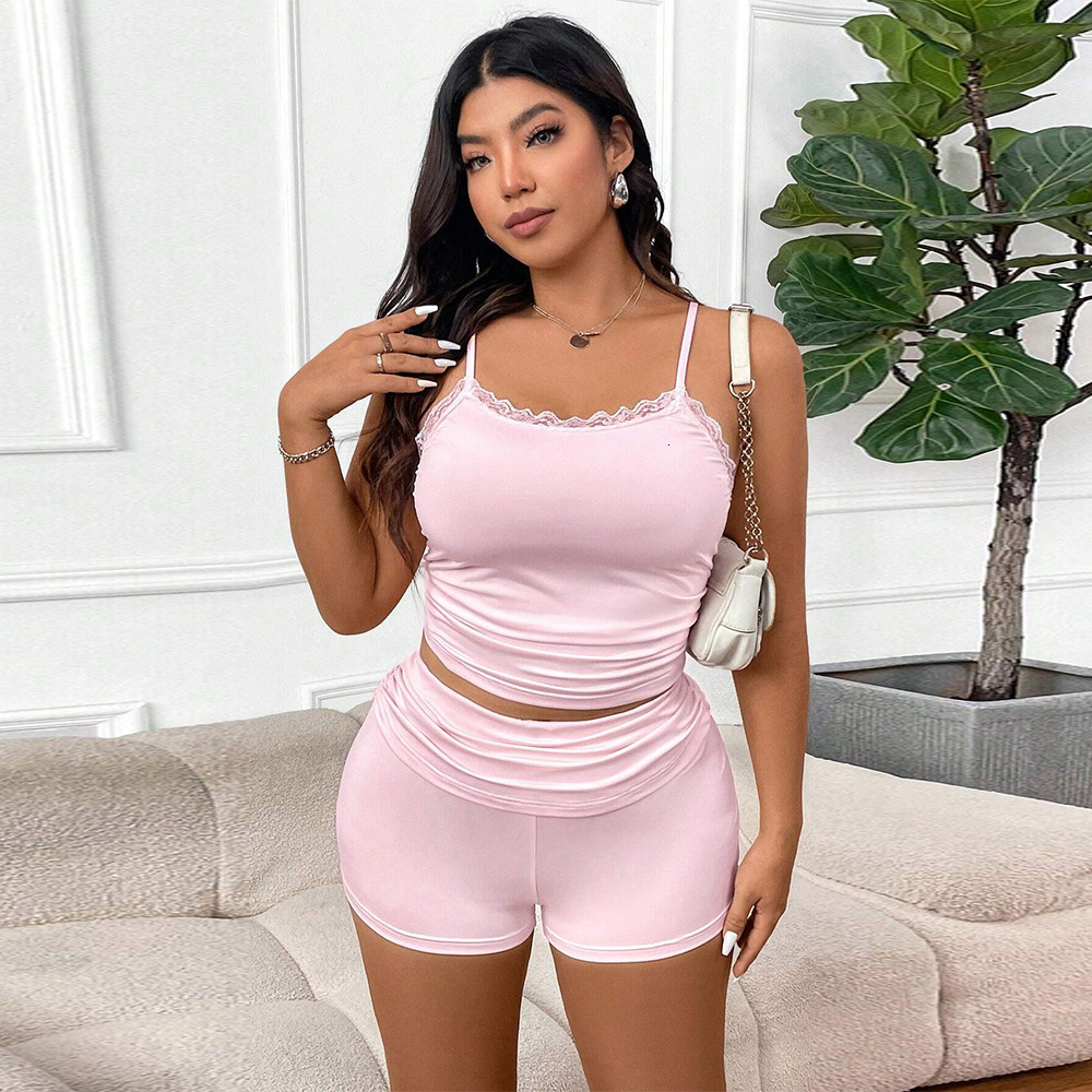 Large Size Womens Sexy Fashion Set Autumn and Winter Lace Camisole Shorts Two-piece Set