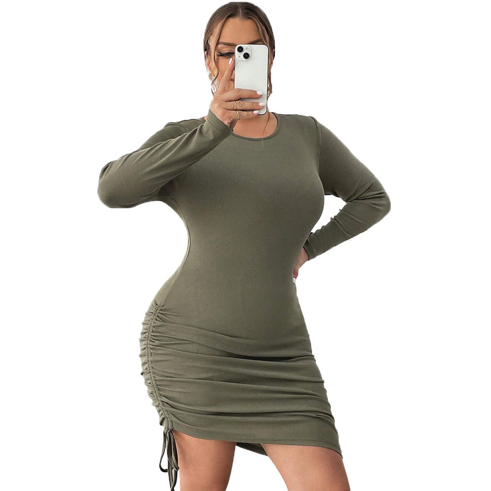Fashionable Slim Fit Round Neck Long Sleeved Standard Size Solid Color Drawstring Side Pleated Slim Fit Irregular Dress