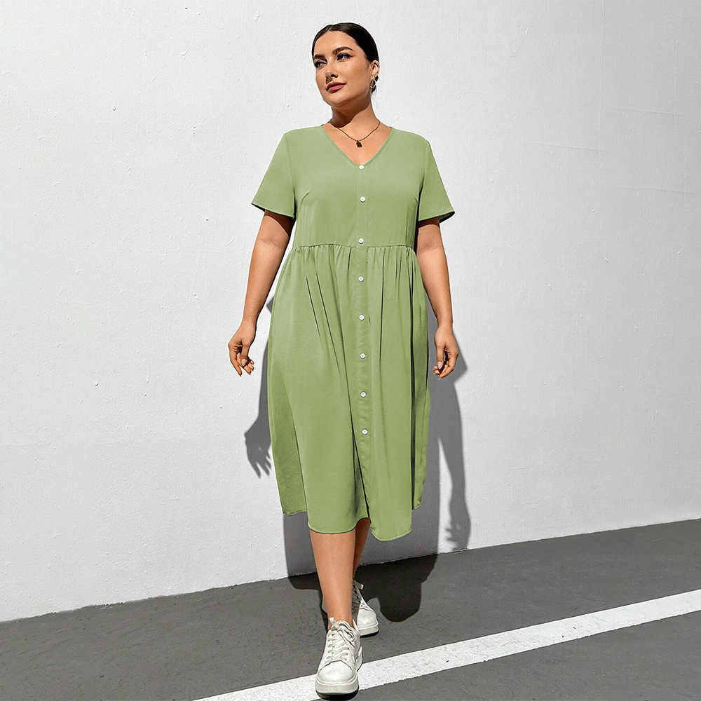 Spring/summer New V-neck Short Sleeve Knee Over Skirt Solid Color Loose High Waist Dress
