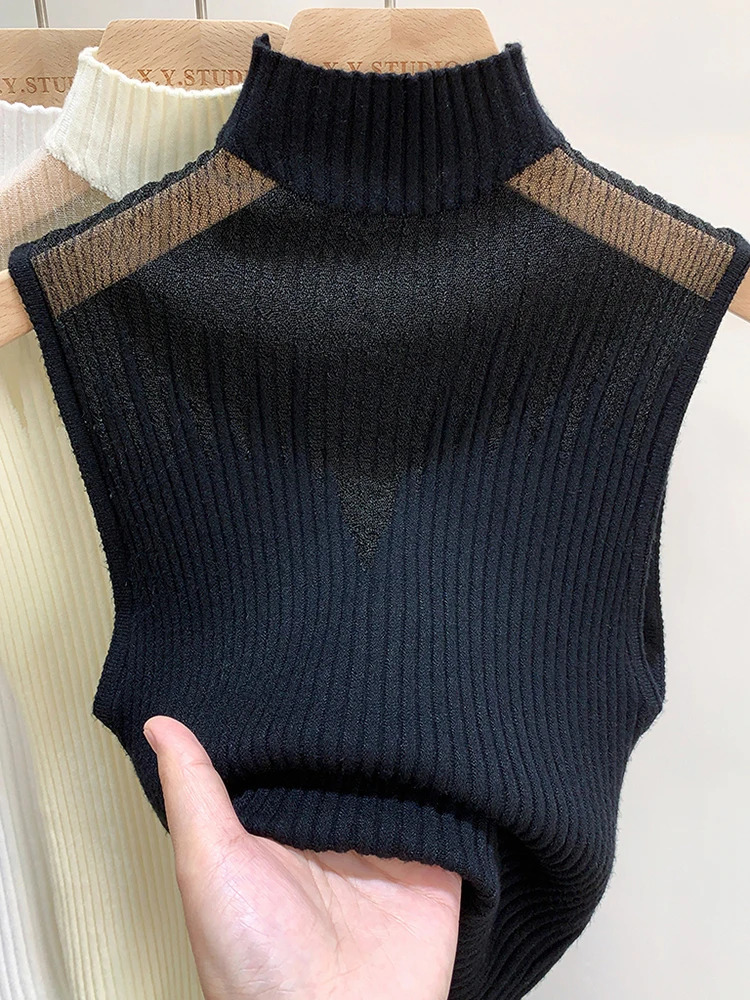 Mesh Knitted Top Women Y2K Tank Half Neck Vest Female Sleeveless Sweater Chic Cut Out Streetwear Solid Skinny Tube 250506
