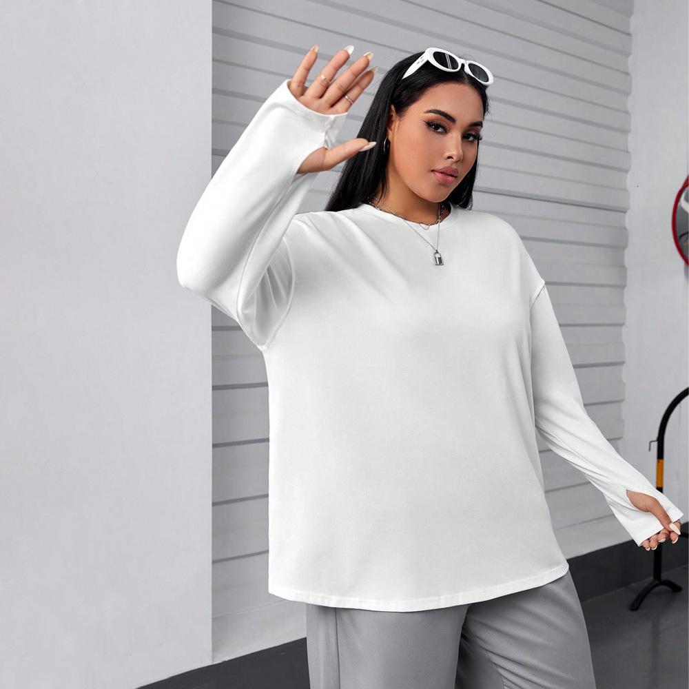 Plus Size Womens Round Neck Simple Style Hoodie for Autumn and Winter Loose and Slimming Comfortable Long Sleeved Top