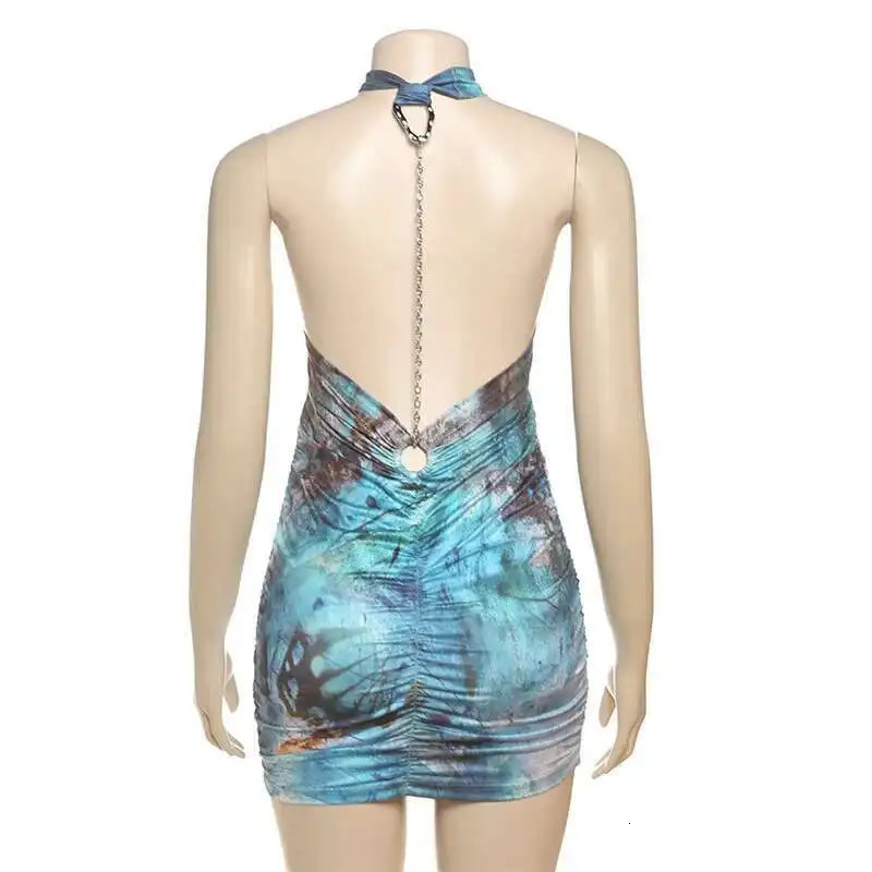 Avrilyaan Printed Chain Backless Hollow Out Sexy Dress Women 2025 Elegant Party Dress Deep Bodycon Mini Summer Dress Vestidos 250515