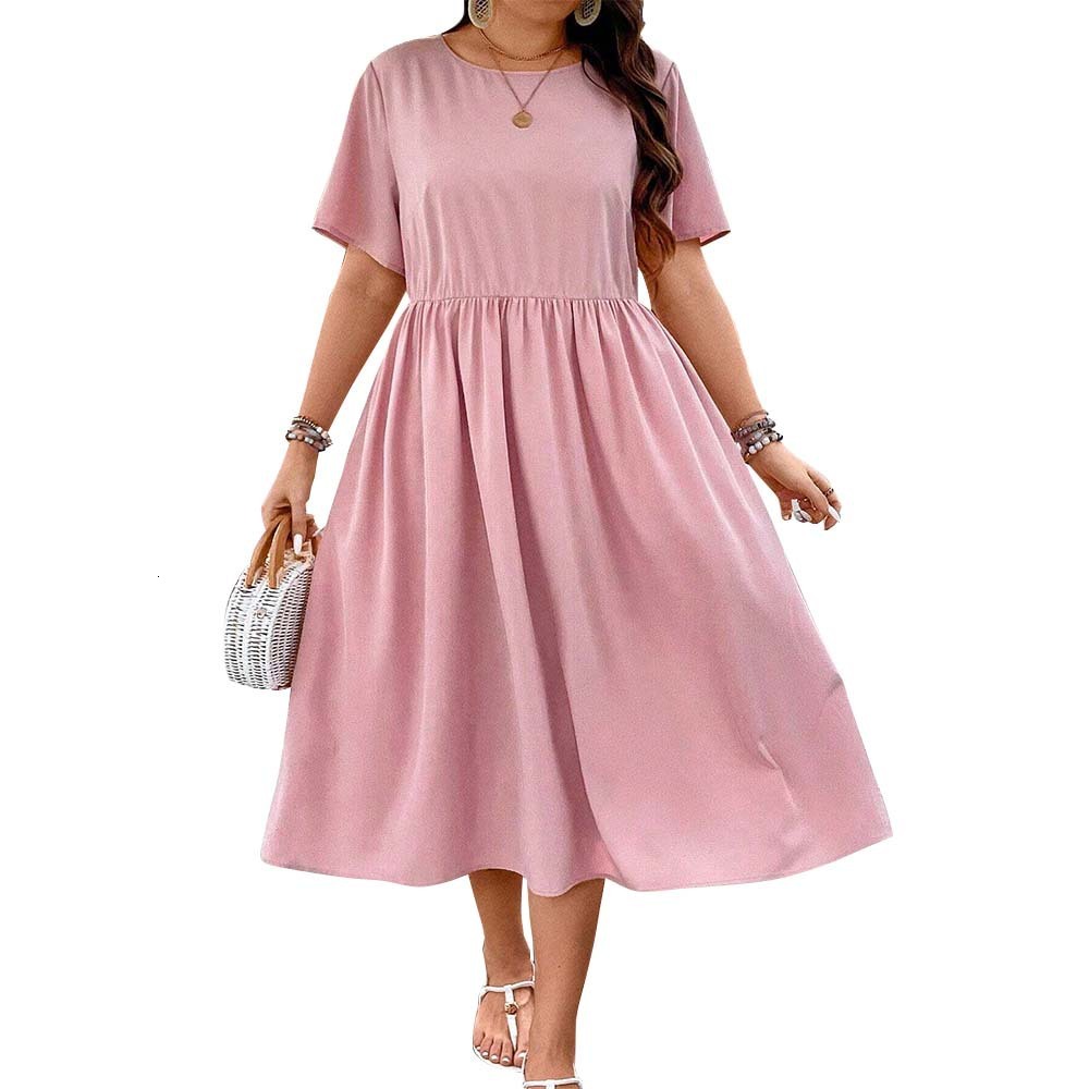 Plus Size Womens Style Neck Short Sleeved Casual Vacation Dress Summer New Collection Waist Cinched A-line Mid Length Skirt