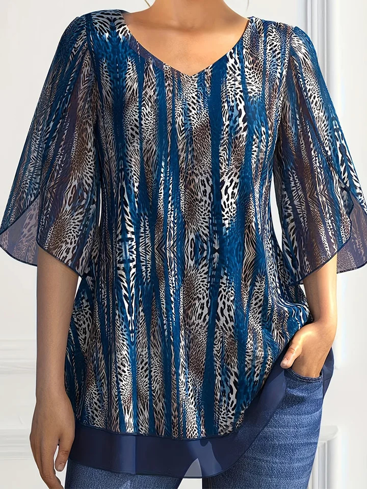Plus Size Women Chiffon T Shirt VNeck Half Sleeve Summer Loose Casual Vintage Printing Elegant Office Lady Tee Top for Female 250514