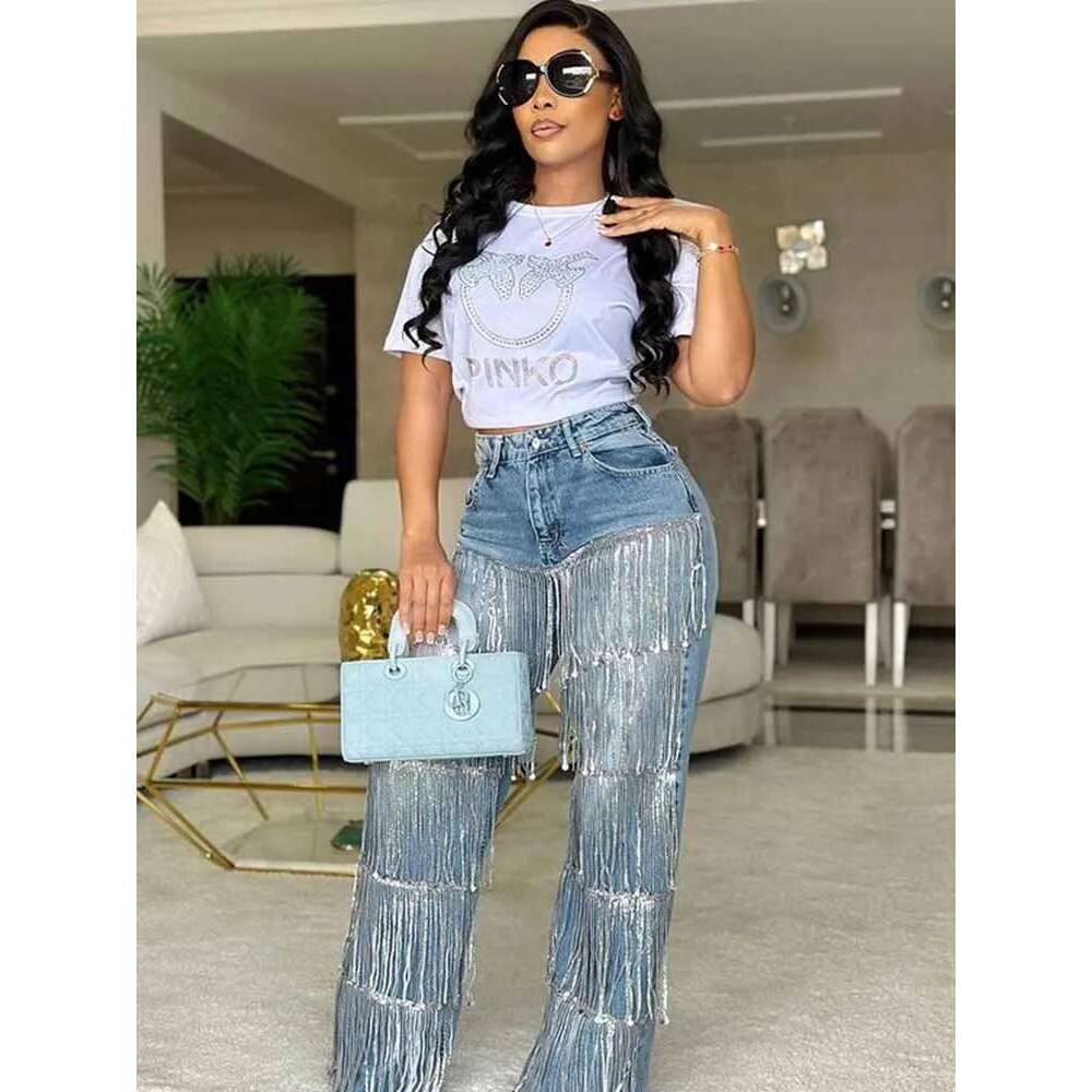 Fashion Sequined Tassel Women's New High Waist Straight Denim Pants Streetwear Hip Hop Blue Shiny Jeans Trousers
