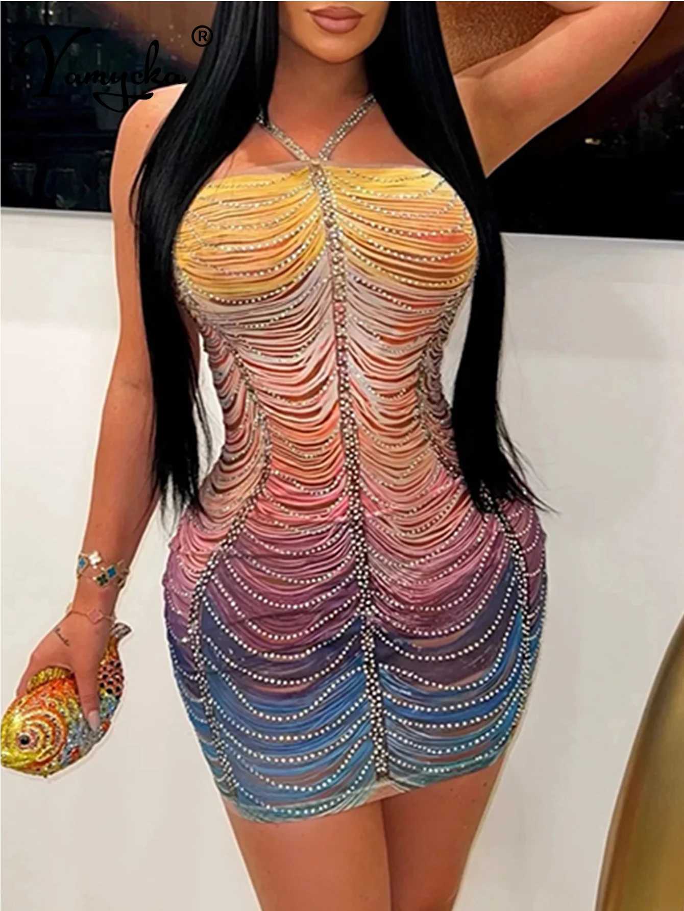 Sexy backless mini rhinestone summer dress women elegant luxury bodycon club birthday party dress short evening dresses vestidos M250516