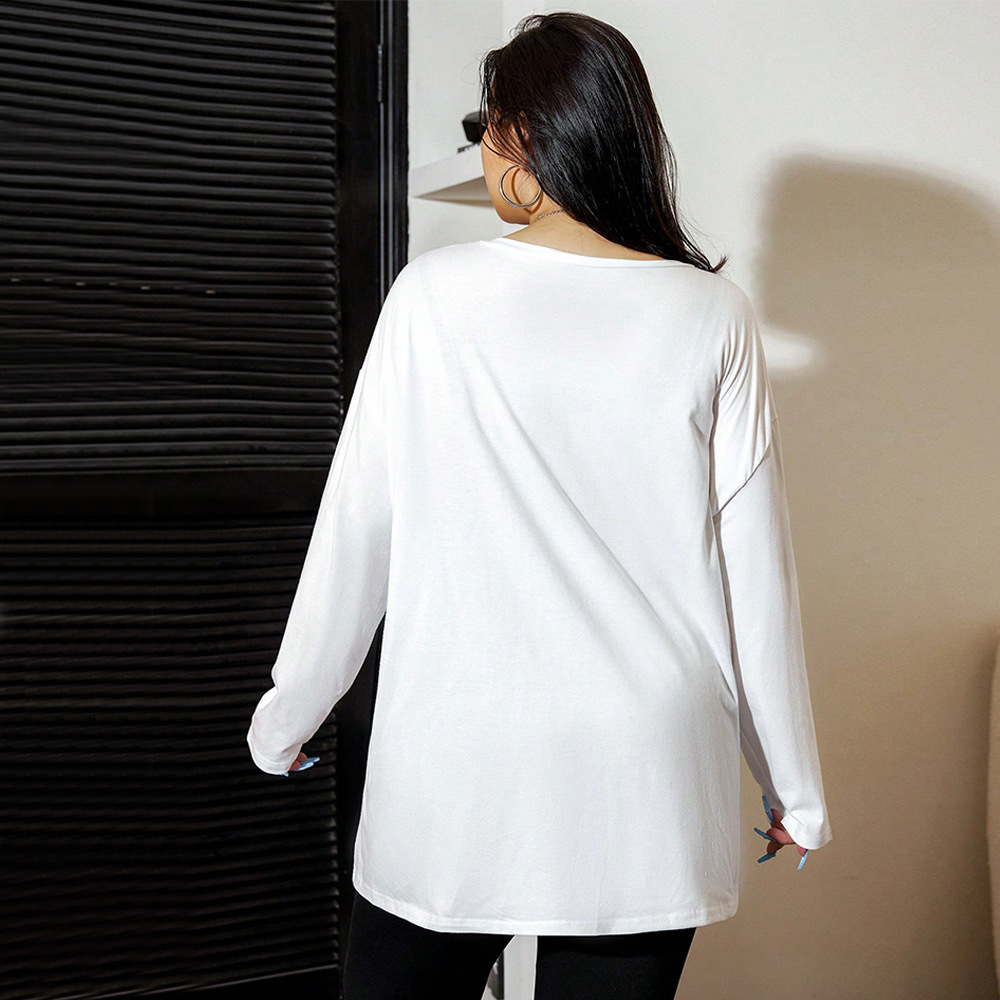 Large Size Womens Autumn/winter Side Slit T-shirt Design Sense Base Shirt Loose Long Sleeved Top