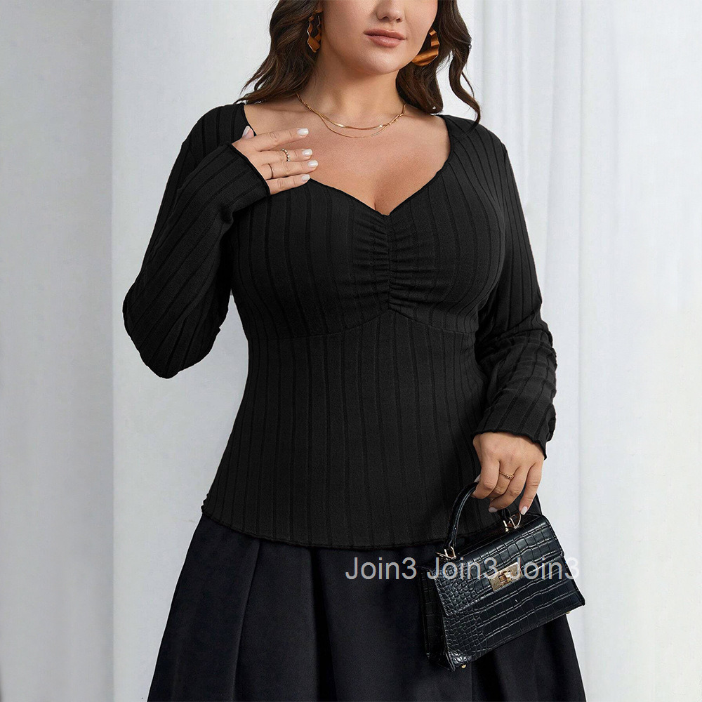 Plus Size Womens Elegant and Intellectual Style T-shirt Autumn and Winter Square Neck Slim Fit Long Sleeved Top