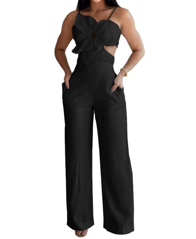 D9629 women's sexy three-dimensional flower craft design suspender jumpsuit