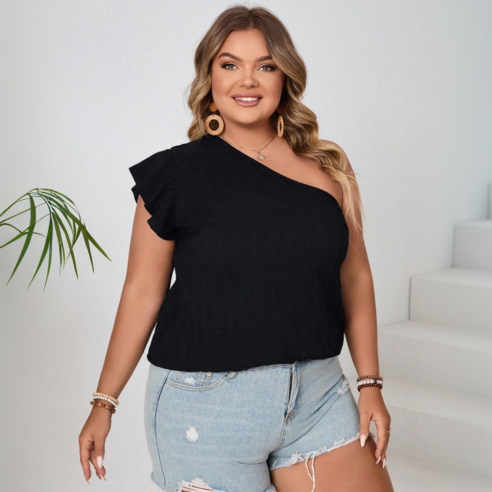 2025 Plus Size Womens Sexy Slanted Neck Off Shoulder T-shirt Slim Fit and Slimming Design Top