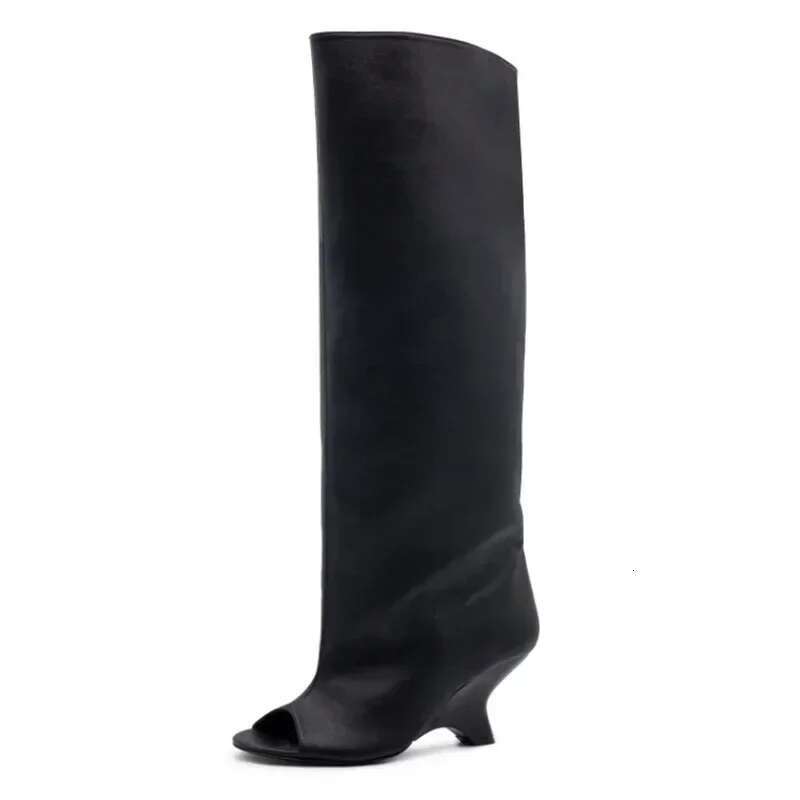 Spring/Summer New Women's Fish Mouth Thick High Heels Knee Fashion Round Head Slope Heel 34-43 Medium Length Boots
