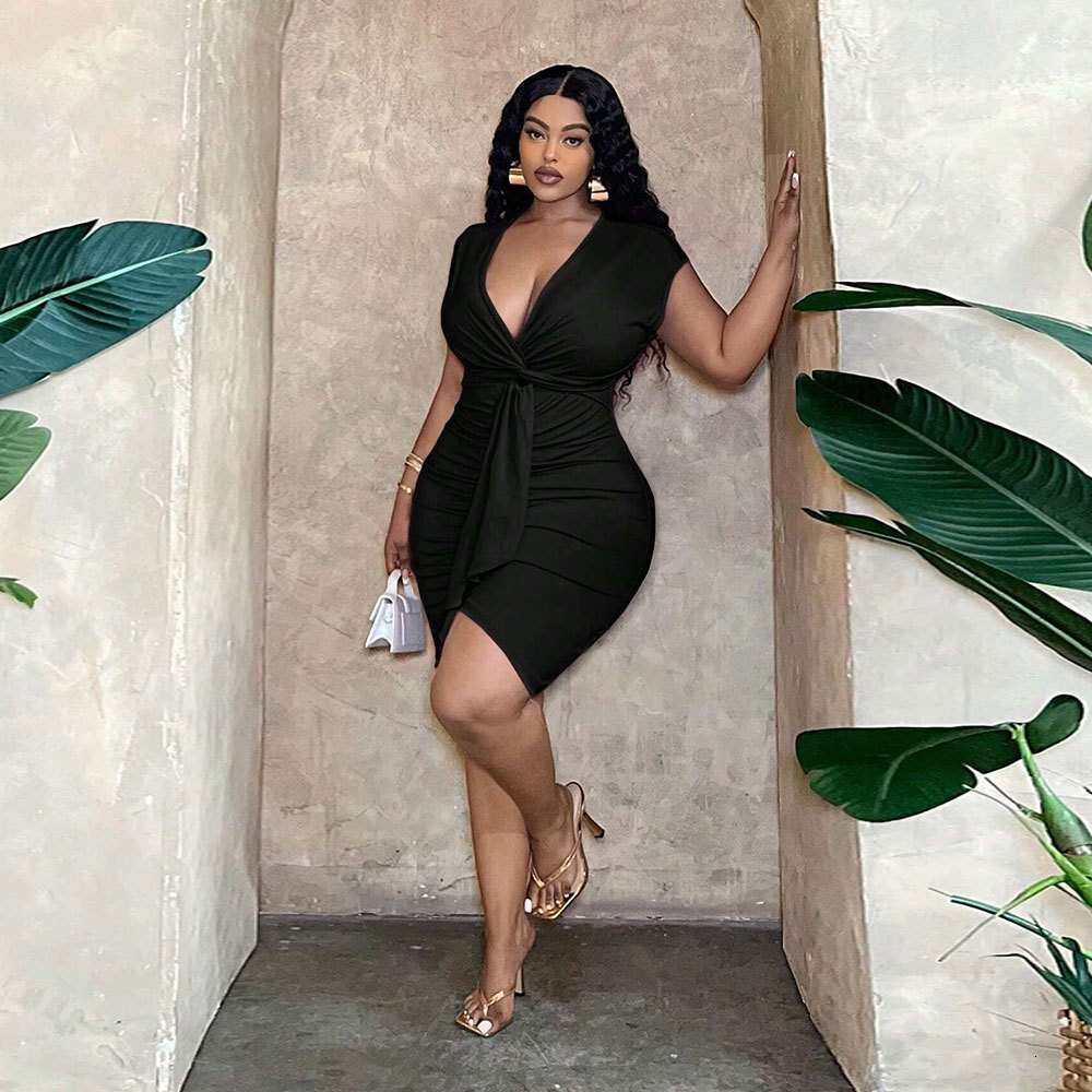 2025 Plus Size Womens Sexy and Pure Desire Dress Summer V-neck Waist Cinched Pleated Hip Hugging Short Skirt