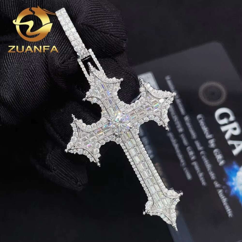 Fashion Jewelry in Stock GRA Certified 925 Sterling Silver Gold Plated Iced Out VVS Moissanite Cross Hip Hop Pendant