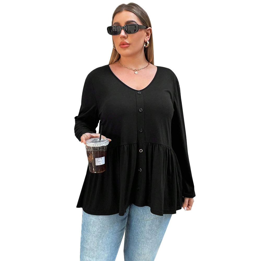 Plus Size Womens Simple Casual Style T-shirt Autumn and Winter V-neck Slim Fit Solid Color Long Sleeved Base Top for Women