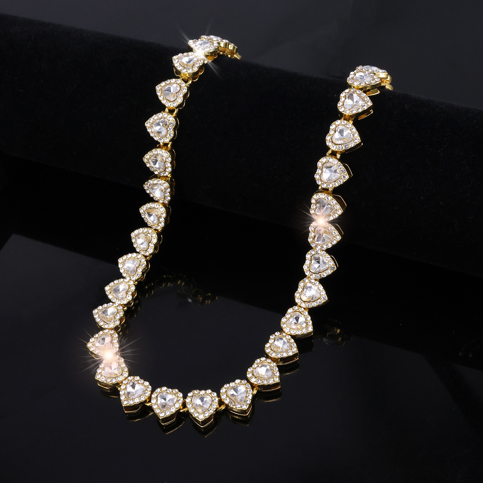 Trendy 11mm Heart Shaped Glass Crystal Rhinestone Cuban Necklace for Men, Hip Hop Jewelry, Stylish Cross-Border Wholesale Fashion Accessories