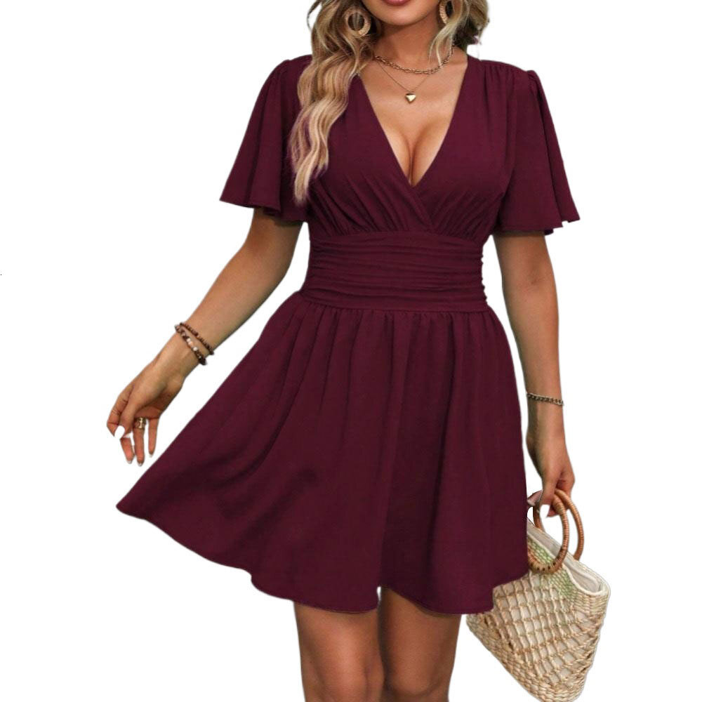 Plus Size Womens Clothing 2025 Spring/summer New Item Elegant Purple Red Dress Waist Cinching and Belly Covering Short Skirt
