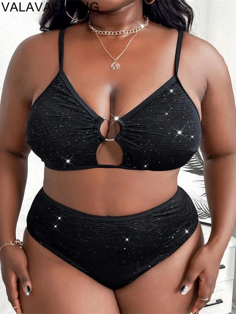 2025 Black 2 Piece Plus Size Bikini Women Strapped Large Swimsuit Sexy Brazilian Swimwear High Waist Chubby Curvy Bathing Suit 250515
