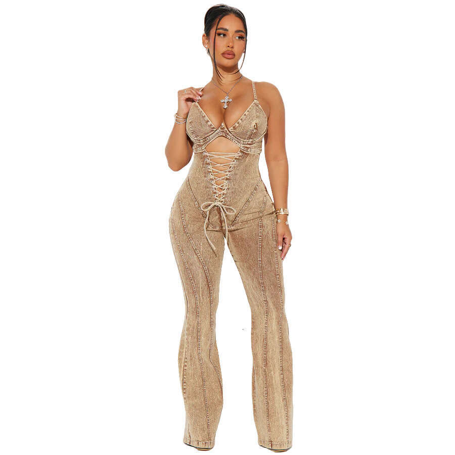 Wide Leg Jumpsuit Women S INS Hot Fashion Hollow Out Strap Waist Denim Jumpsuit