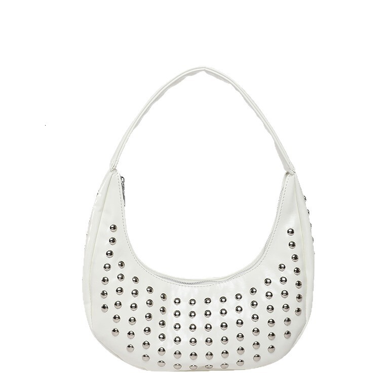 New punk style round rivet inlaid luxury bucket bag new women's underarm designer shoulder bag single shoulder crescent bag versatile commuting u
