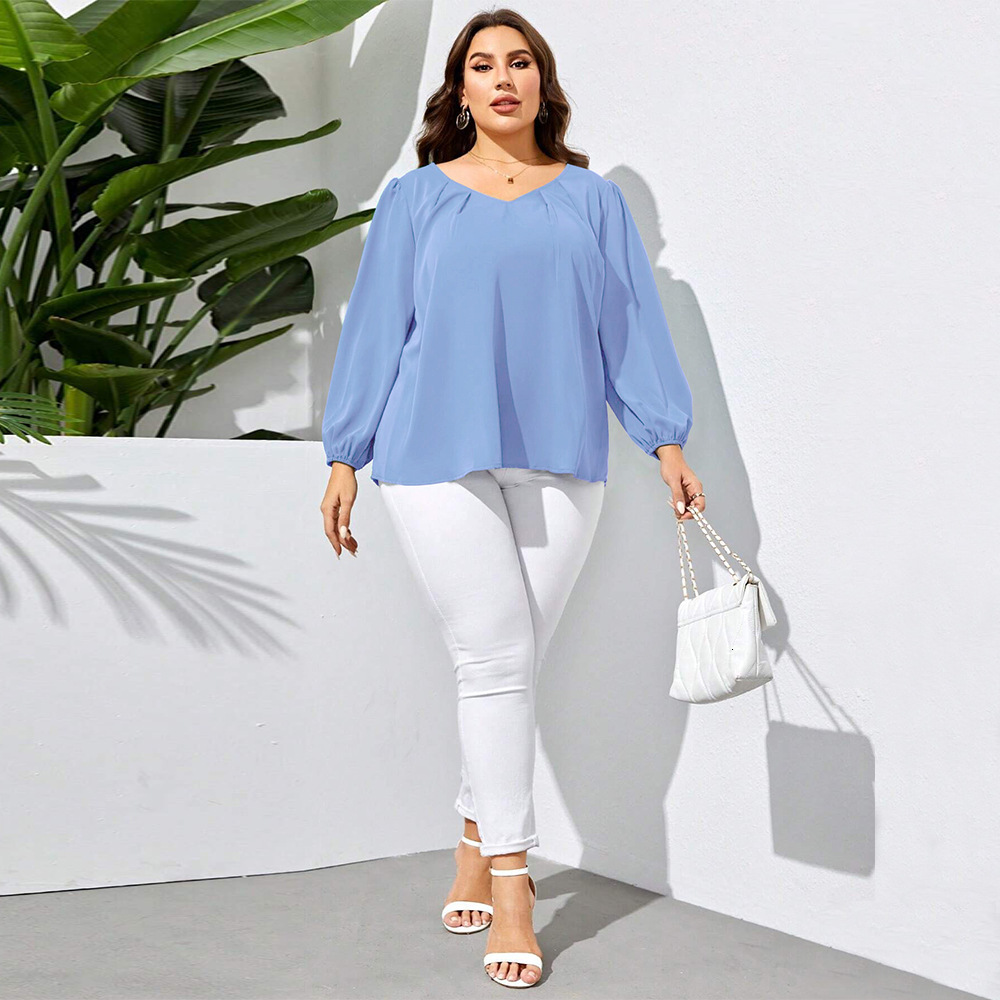 Large Size Womens Clothing Autumn and Winter V-neck Loose Casual Bubble Sleeve Temperament Shirt Womens Top